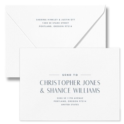 Destination Photo Poster Save The Date Card Euro Envelopes Dusty Blue White Both Recipient and Return Addresses Luxe Signature