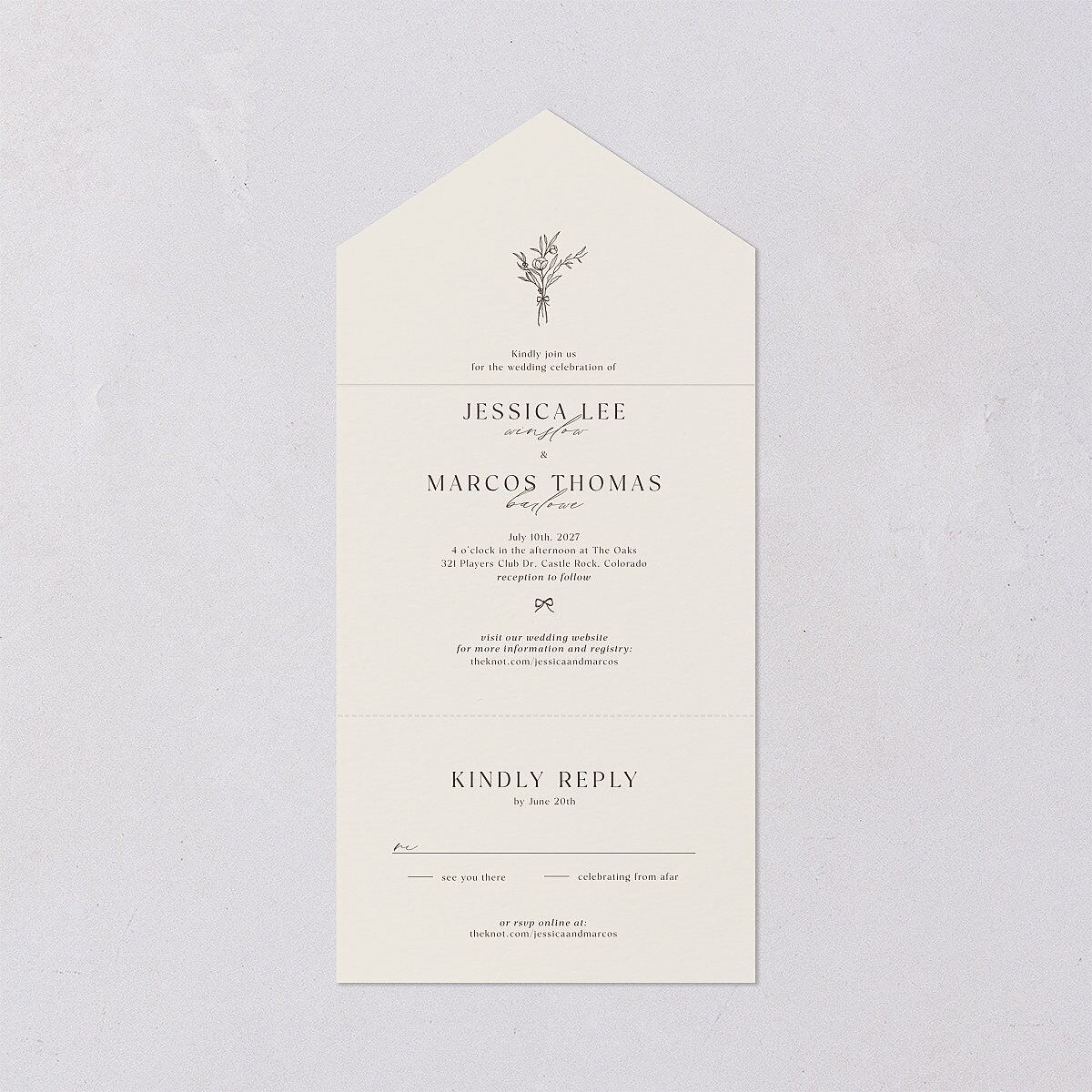 Simple Boho Flowers All-in-One Wedding Invitations Champagne Signature Light Both Recipient and Return Addresses No