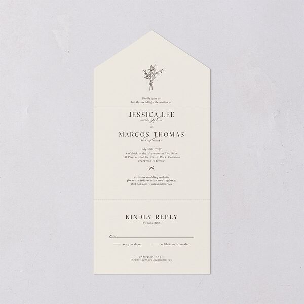 Simple Boho Flowers All-in-One Wedding Invitations Champagne Signature Light Both Recipient and Return Addresses No