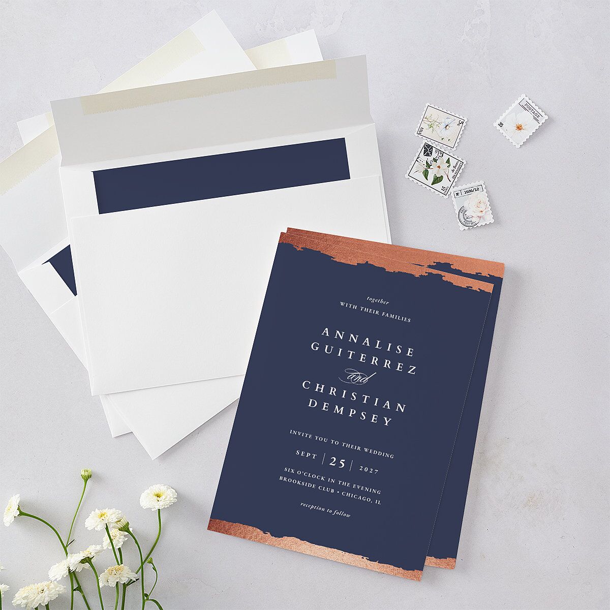 Elegant Edge Wedding Invitations Rose Gold Moody Blue Signature Blank No