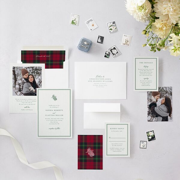 Elegant Winter Pine Cone Wedding Invitations Scottish Green Signature Blank No Standard