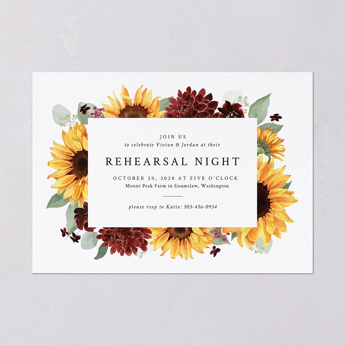 Classic Countryside Sunflowers Rehearsal Dinner Invitations Burgundy Signature Blank Standard