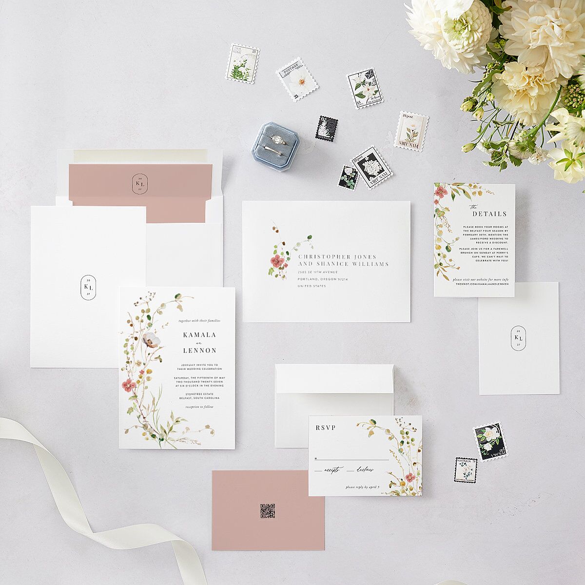 Glistening Wildflower Foil Wedding Invitations Gold Soft Peach Signature Blank No Standard