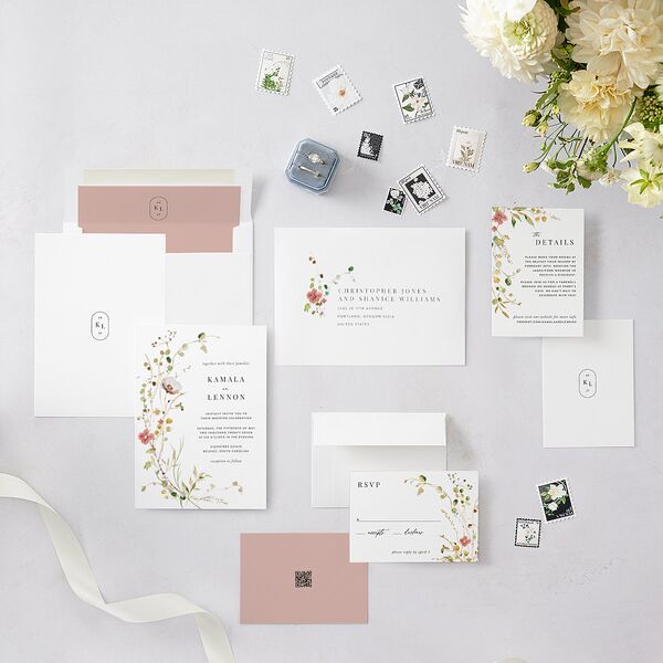 Glistening Wildflower Foil Wedding Invitations Gold Soft Peach Signature Blank No Standard