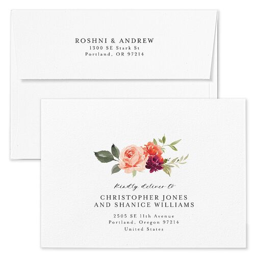 Vibrant Floral Wedding Invitation Envelopes White Peach Fuzz Both Recipient and Return Addresses Standard Signature