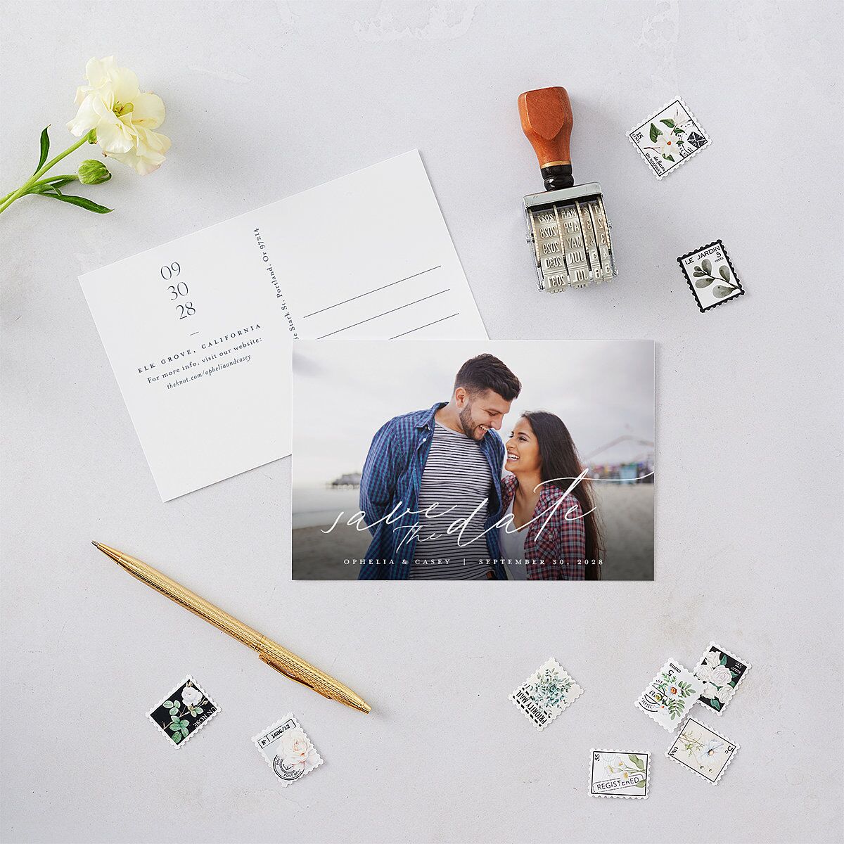 Stefana Crowns Save the Date Postcards Moody Blue