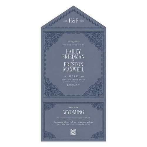 Rustic Western Filigree Frame All-in-One Wedding Invitations Dusty Blue Signature Light Both Recipient and Return Addresses No