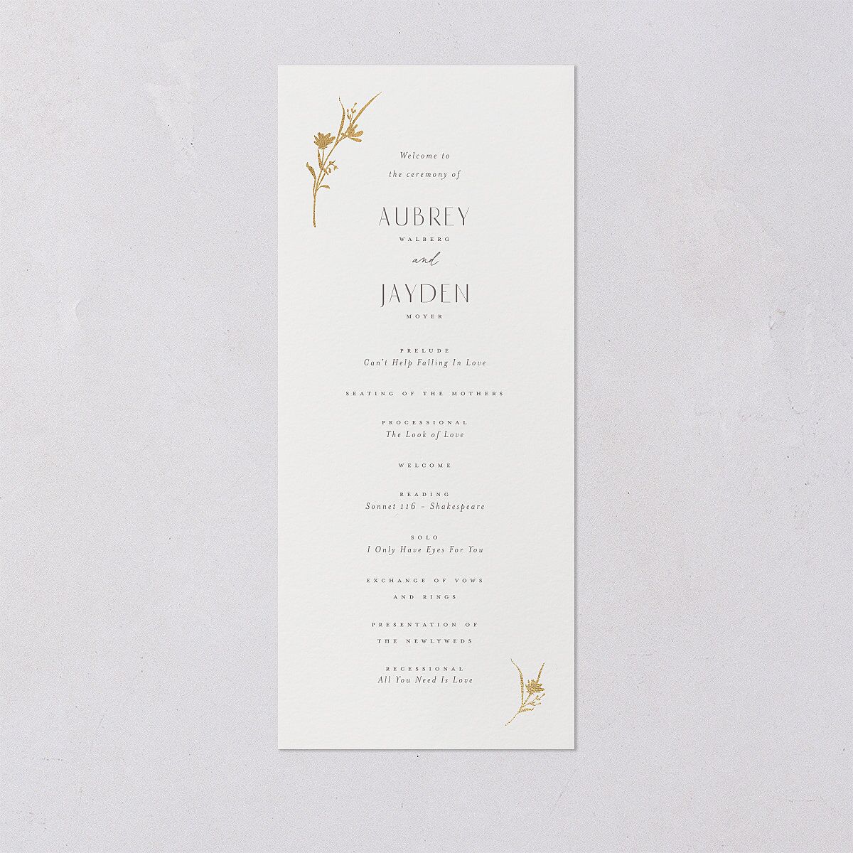 Minimal Wildflower Wedding Programs Gold Off-White Signature