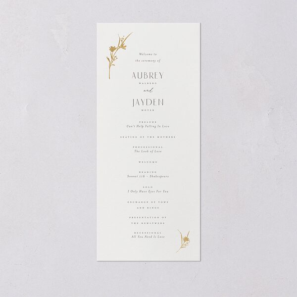 Minimal Wildflower Wedding Programs Gold Off-White Signature
