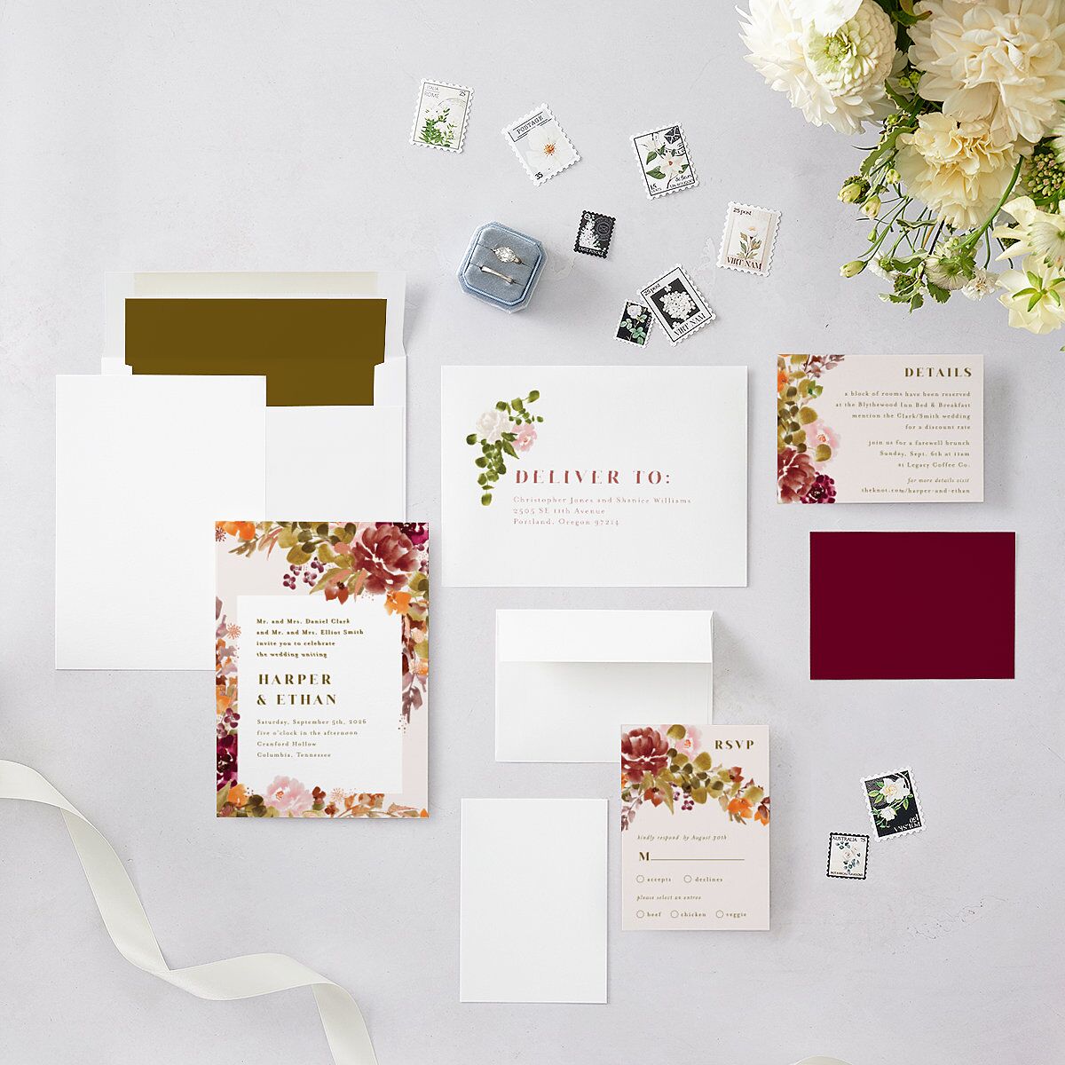 Fall Garland Wedding Invitations Rose Gold Peony Signature Blank No
