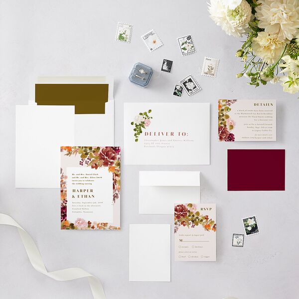 Fall Garland Wedding Invitations Rose Gold Peony Signature Blank No