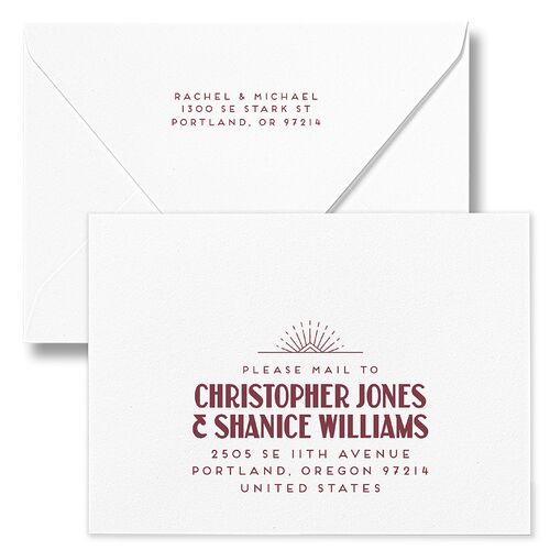 Vintage Art Deco Photo Wedding Invitation Euro Envelopes Merlot White Return Address Luxe Signature