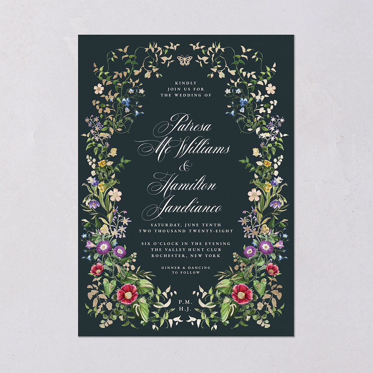Opulent Garden Foil Wedding Invitations Gold Dark Emerald Signature Blank No Standard