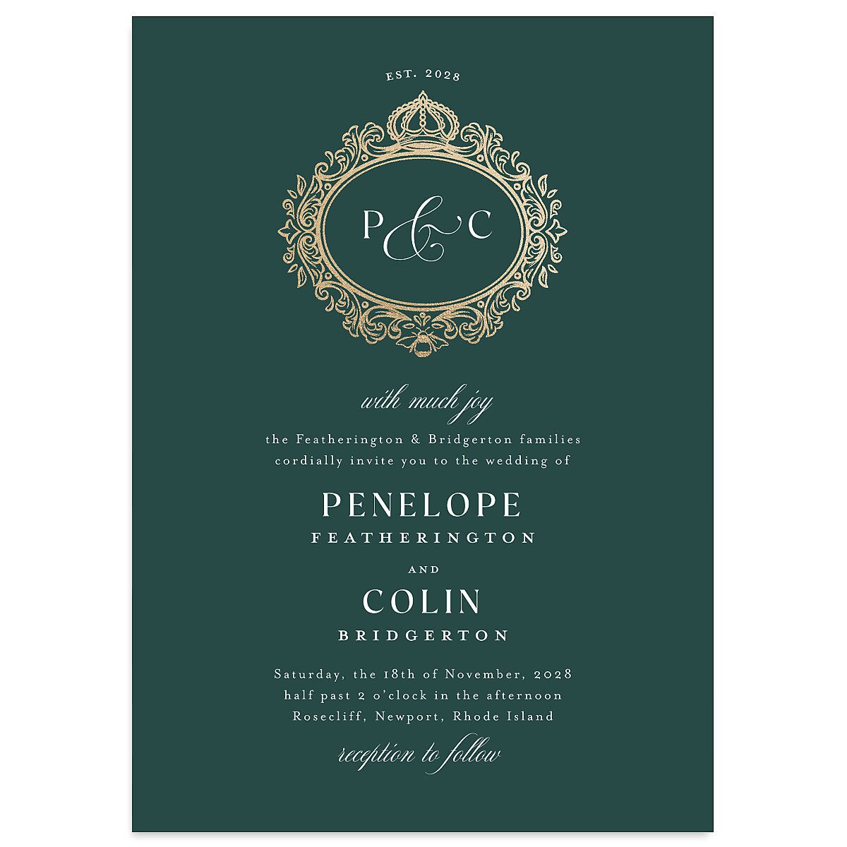 Glamorous Crown Monogram Crest Wedding Invitations by Bridgerton
