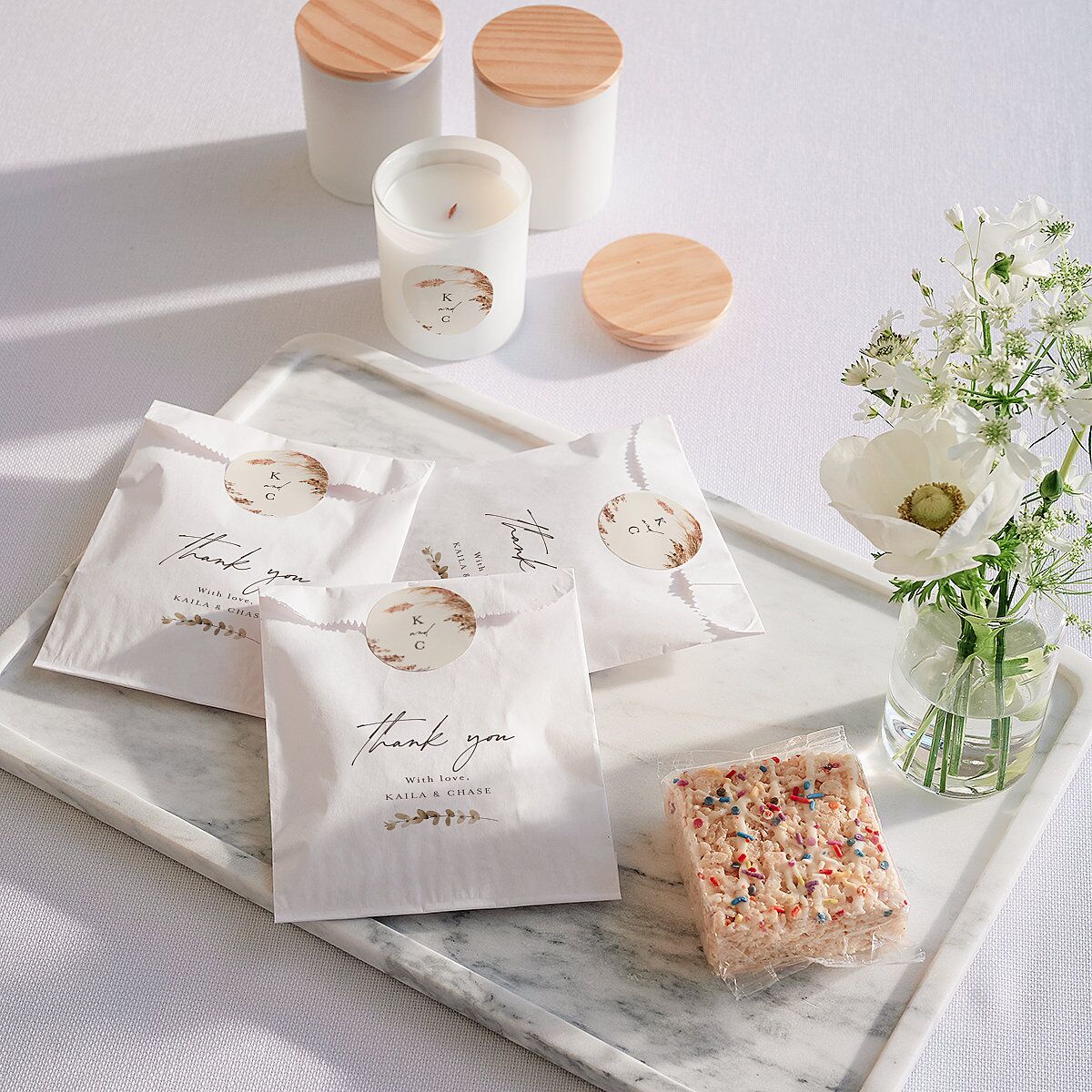 Soft Pampas Botanical Favor Bags White Sepia Wax-Lined Food Safe Paper