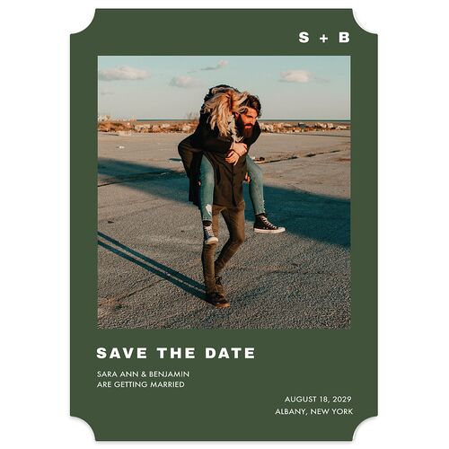 Cinematic Love Story Save the Date Cards Hunter Green Signature smooth Blank Ticket No