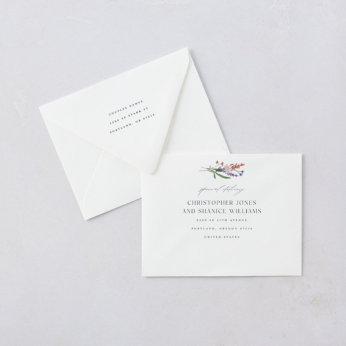 Mountain Wildflowers Thank You Card Euro Envelopes White Luxe Dusty Blue Both Recipient and Return Addresses