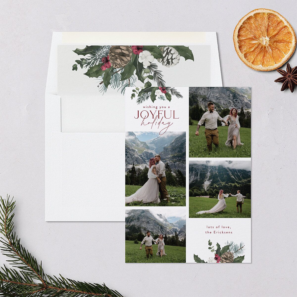 Botanical Corners Holiday Cards Garnet Signature Blank Standard Portrait