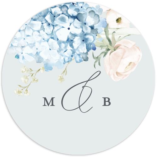 Elegant Peonies and Hydrangeas Wedding Stickers Baby Blue Circle
