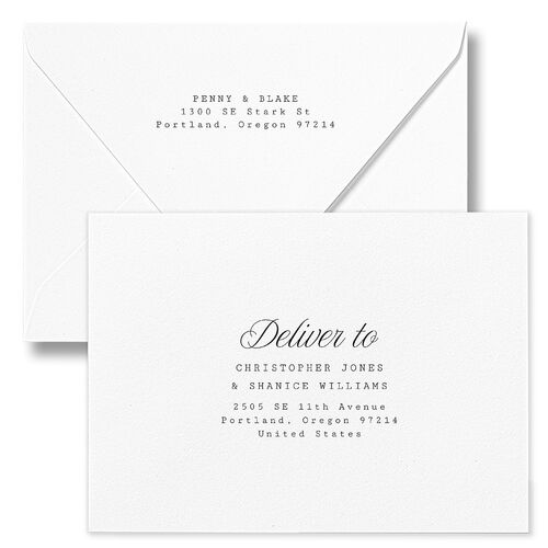 Vintage Script Wedding Invitation Euro Envelopes White Midnight Both Recipient and Return Addresses Luxe Signature