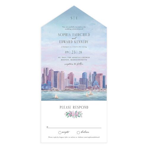 Boston Skyline All-in-One Wedding Invitations Sheer Lilac Signature Light Both Recipient and Return Addresses No