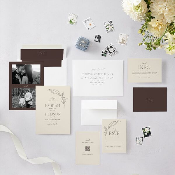 Minimalist Accent Leaf Wedding Invitations Linen Signature Blank No Standard