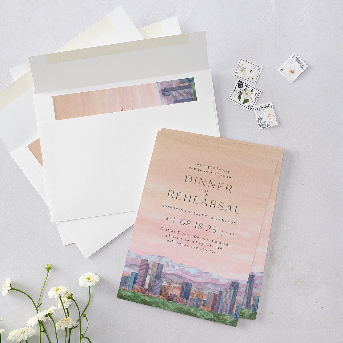 Scenic Denver Colorado Rehearsal Dinner Invitations Peach Pink Signature Blank