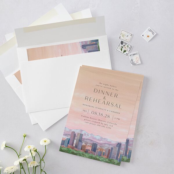 Scenic Denver Colorado Rehearsal Dinner Invitations Peach Pink Signature Blank