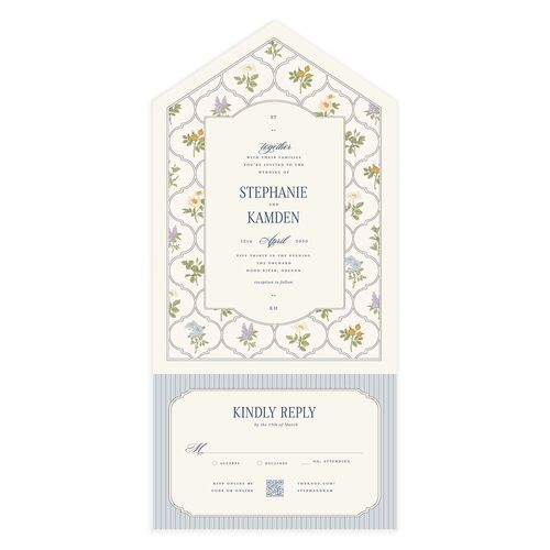 Floral Vintage Lattice All-in-One Wedding Invitations Dusty Blue Signature Light Both Recipient and Return Addresses No