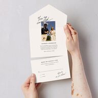 Elegant Editorial Page All-in-One Wedding Invitations Champagne Signature Light Both Recipient and Return Addresses No