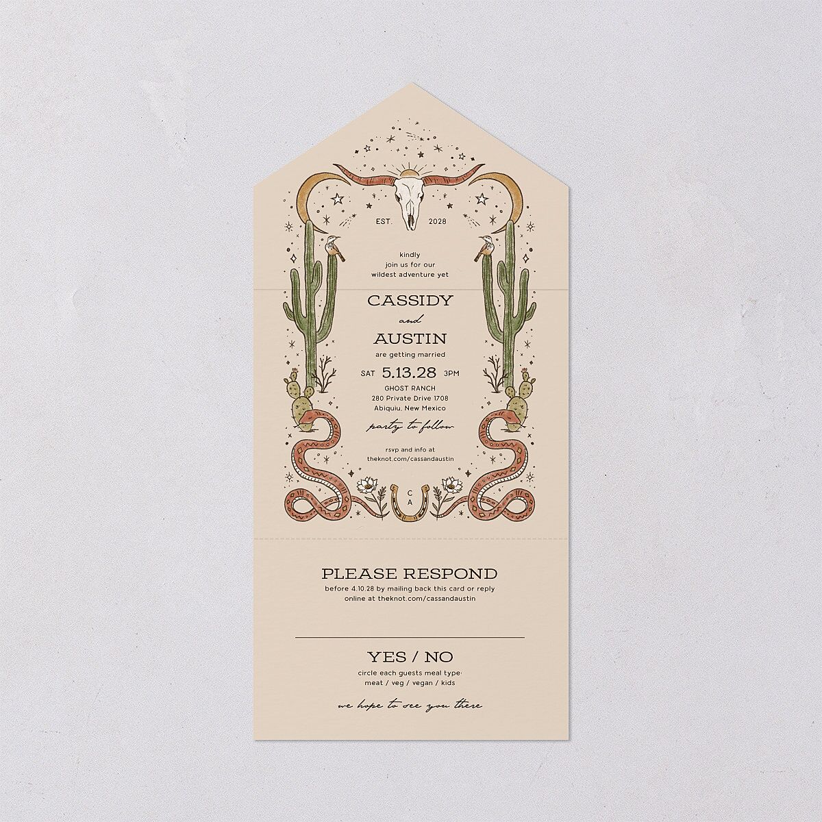 Southwestern Nouveau All-in-One Wedding Invitations Red Clay Signature Light Both Recipient and Return Addresses No