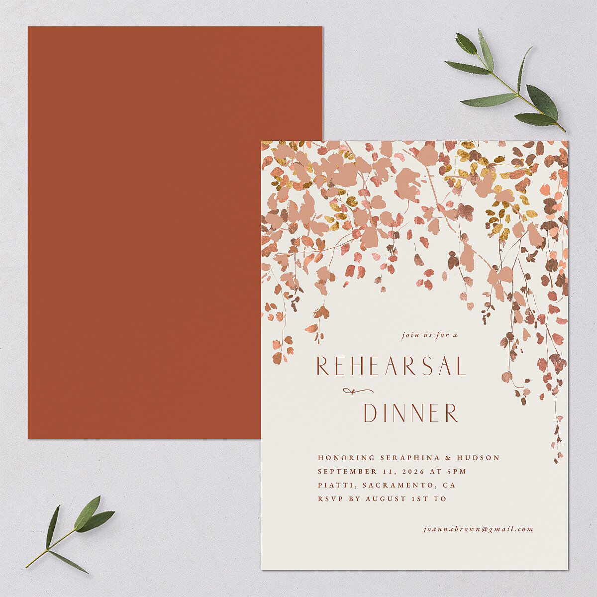 Cascading Florals Rehearsal Dinner Invitations Copper Signature Blank