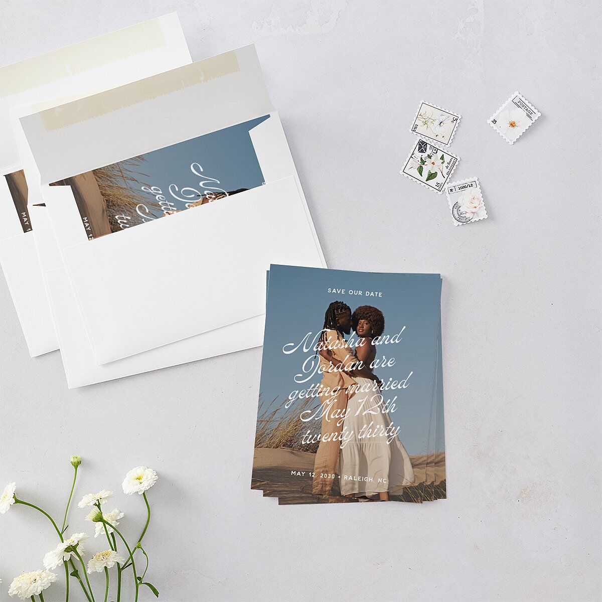 Retro Typography Photo Save the Date Petite Cards Sapphire Signature smooth Blank No Standard