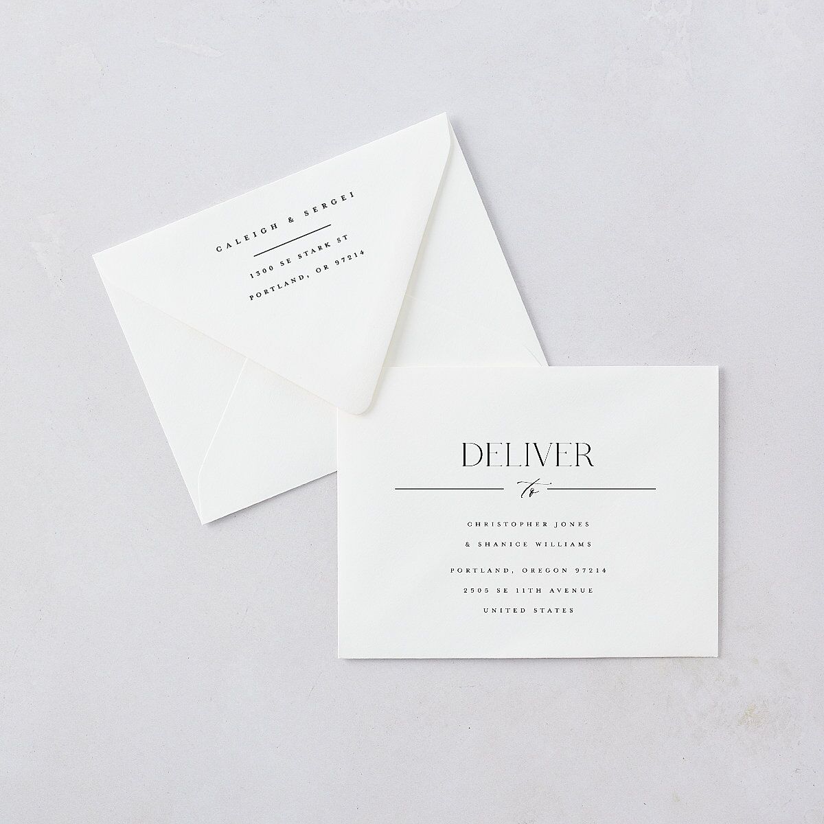 Elegant Frame Save the Date Petite Card Euro Envelopes White Fog Both Recipient and Return Addresses Luxe Signature