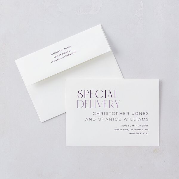 Real Talk Rehearsal Dinner Invitation Envelopes White Sheer Lilac Both Recipient and Return Addresses Signature Standard