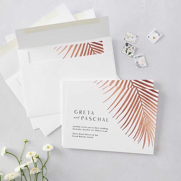 Lavish Palm Wedding Invitations Rose Gold Pure White Signature Blank No Standard