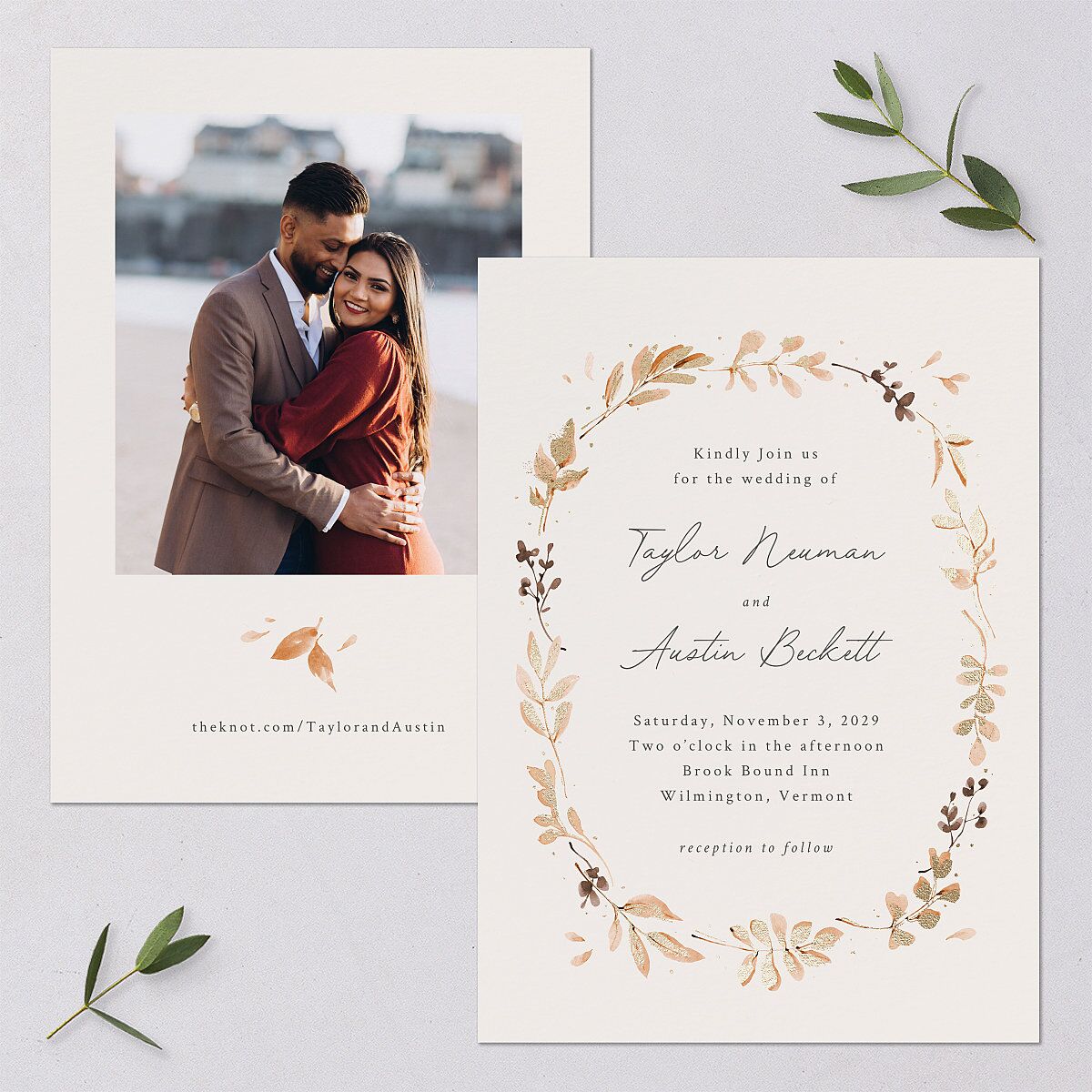 Leafy Garland Foil Wedding Invitations Gold Champagne Signature Blank No Standard