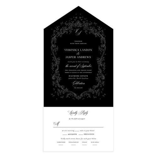 Formal Opulent Frame All-in-One Wedding Invitations Midnight No Signature Light Both Recipient and Return Addresses
