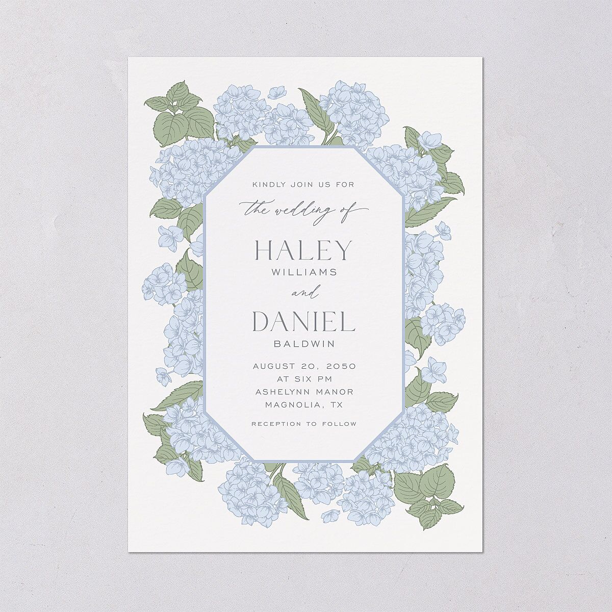 Vintage Hydrangea Frame Wedding Invitations Dusty Blue Signature Blank No Standard