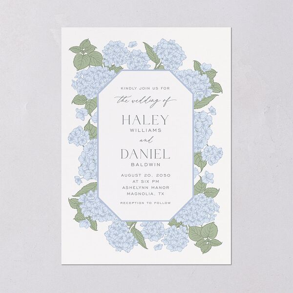 Vintage Hydrangea Frame Wedding Invitations Dusty Blue Signature Blank No Standard
