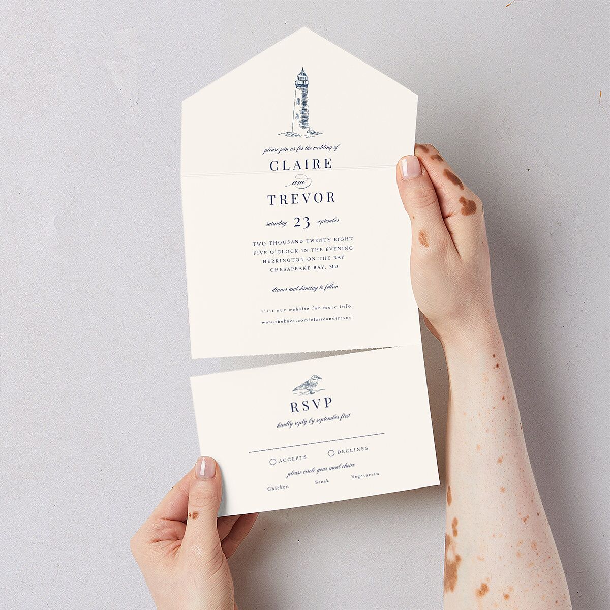 Elegant Lighthouse All-in-One Wedding Invitations Maritime Signature Light Both Recipient and Return Addresses No