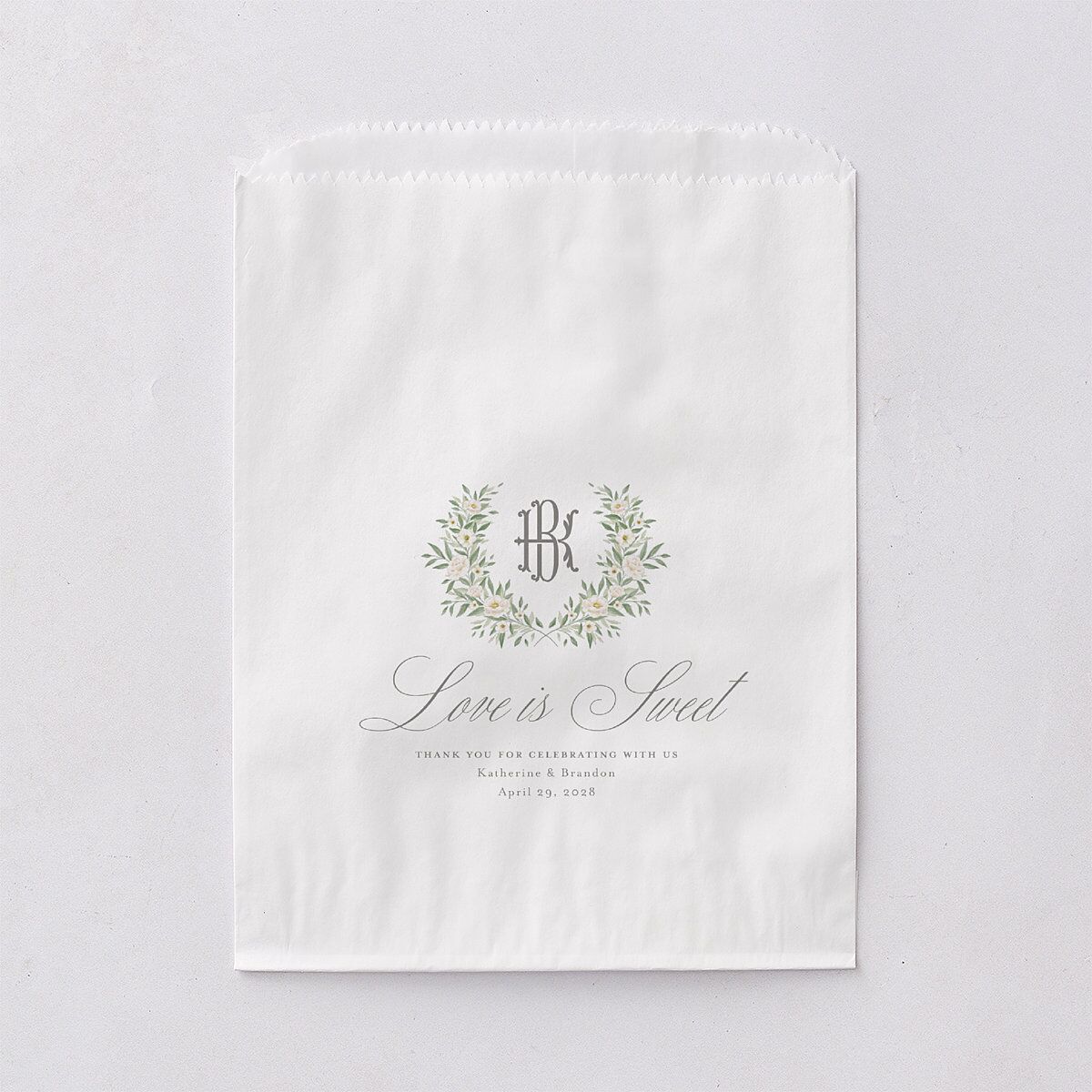 Luxury Floral Monogram Wedding Day Paper Favor Bags Cotton White Wax-Lined Food Safe Paper