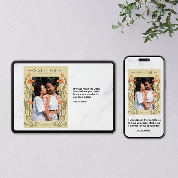 Vintage Nouveau Floral Digital Save the Date Cards Pear Dusty Blue Lets Celebrate Standard