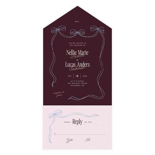 Modern Delicate Bows All-in-One Wedding Invitations Dark Berry Signature Light Both Recipient and Return Addresses No