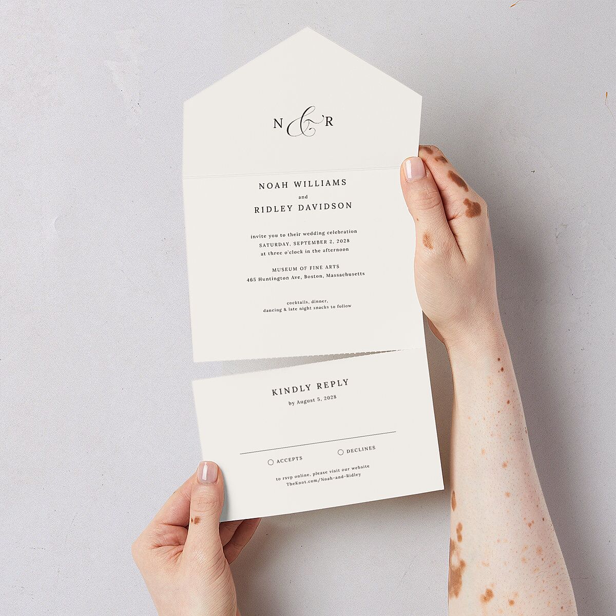 Elegant Polished Minimalist All-in-One Wedding Invitations Linen Signature Light Both Recipient and Return Addresses No