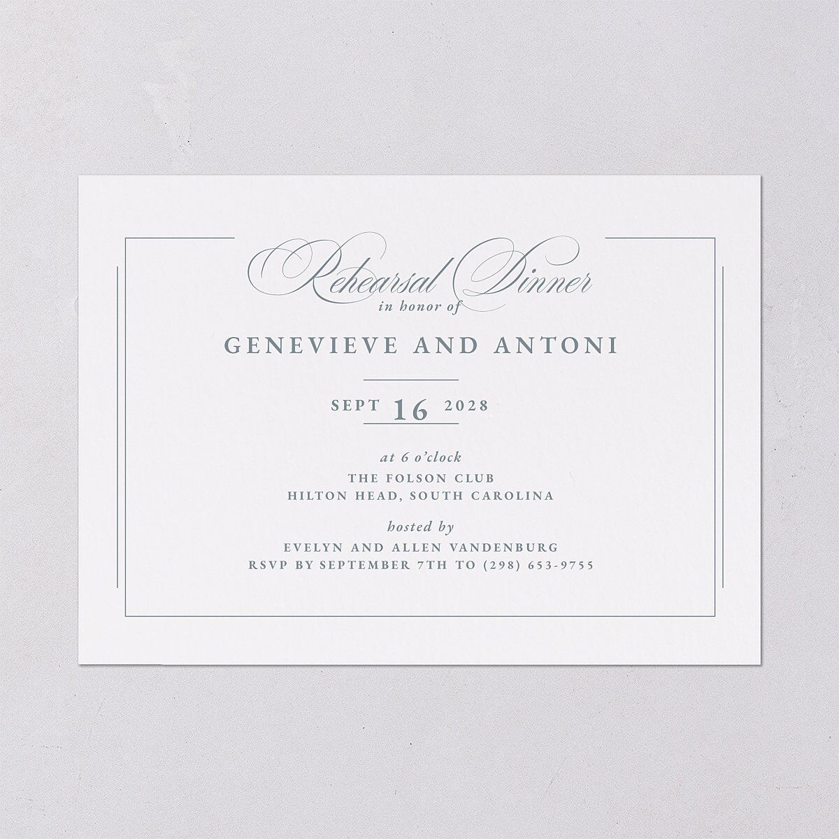 Elegant Photograph Rehearsal Dinner Invitations Dusty Blue Signature Blank Standard