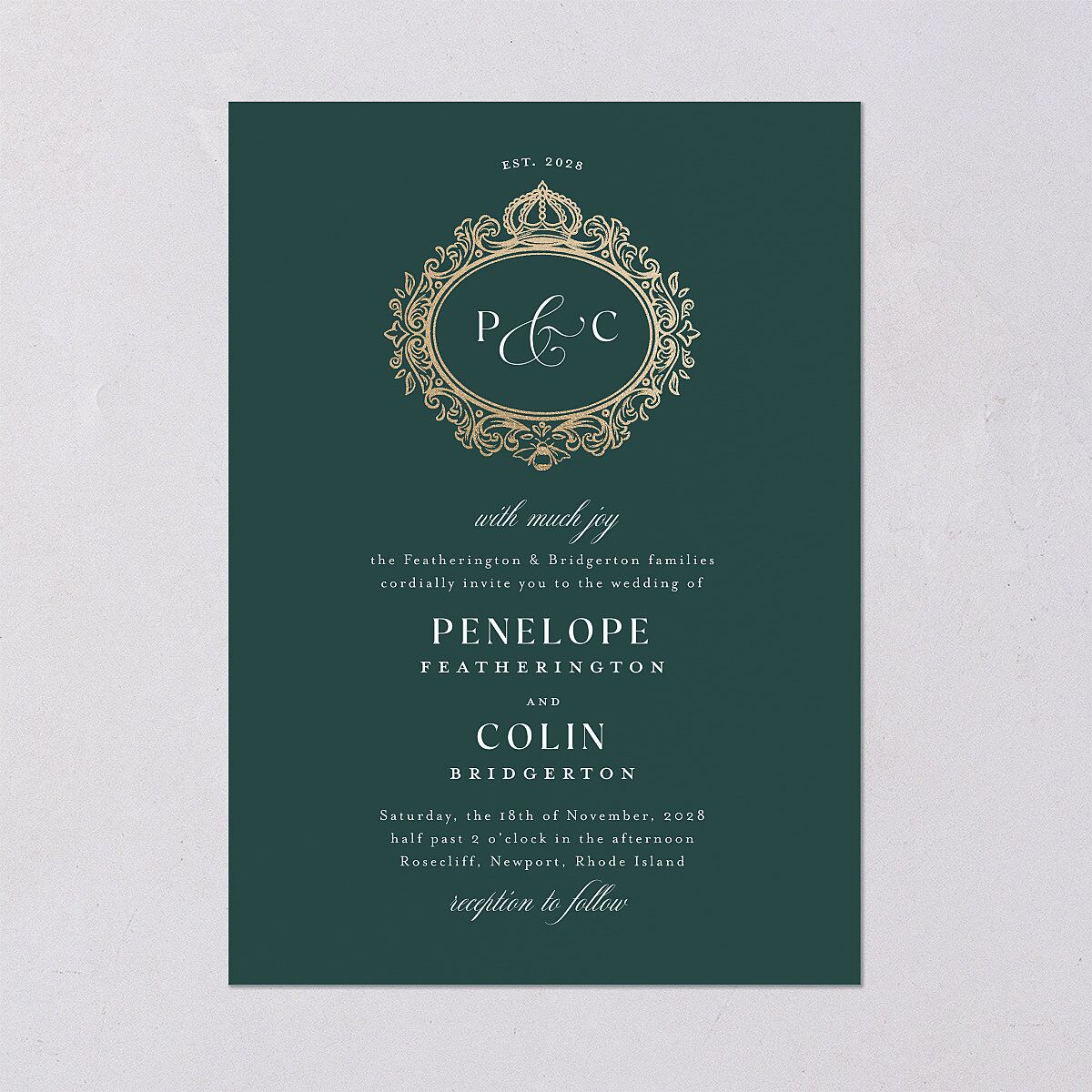 Glamorous Crown Monogram Crest Wedding Invitations by Bridgerton — view 2