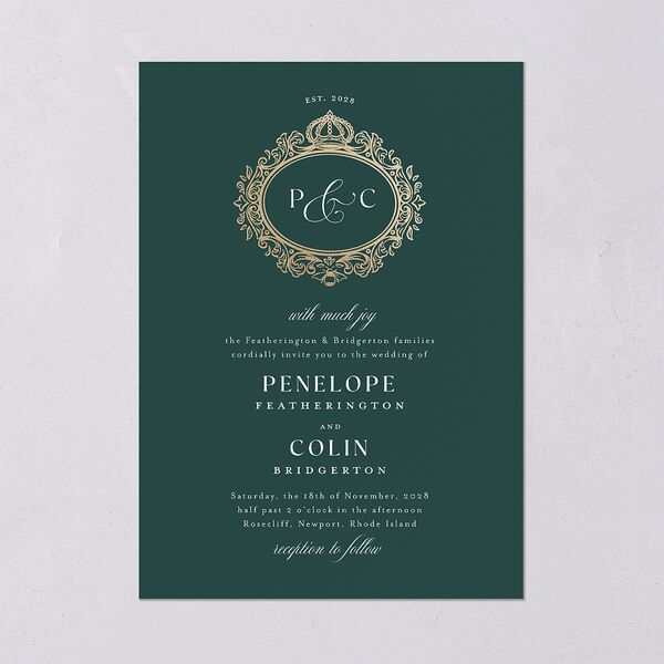 Glamorous Crown Monogram Crest Wedding Invitations by Bridgerton Gold Deep Lake Signature Blank No
