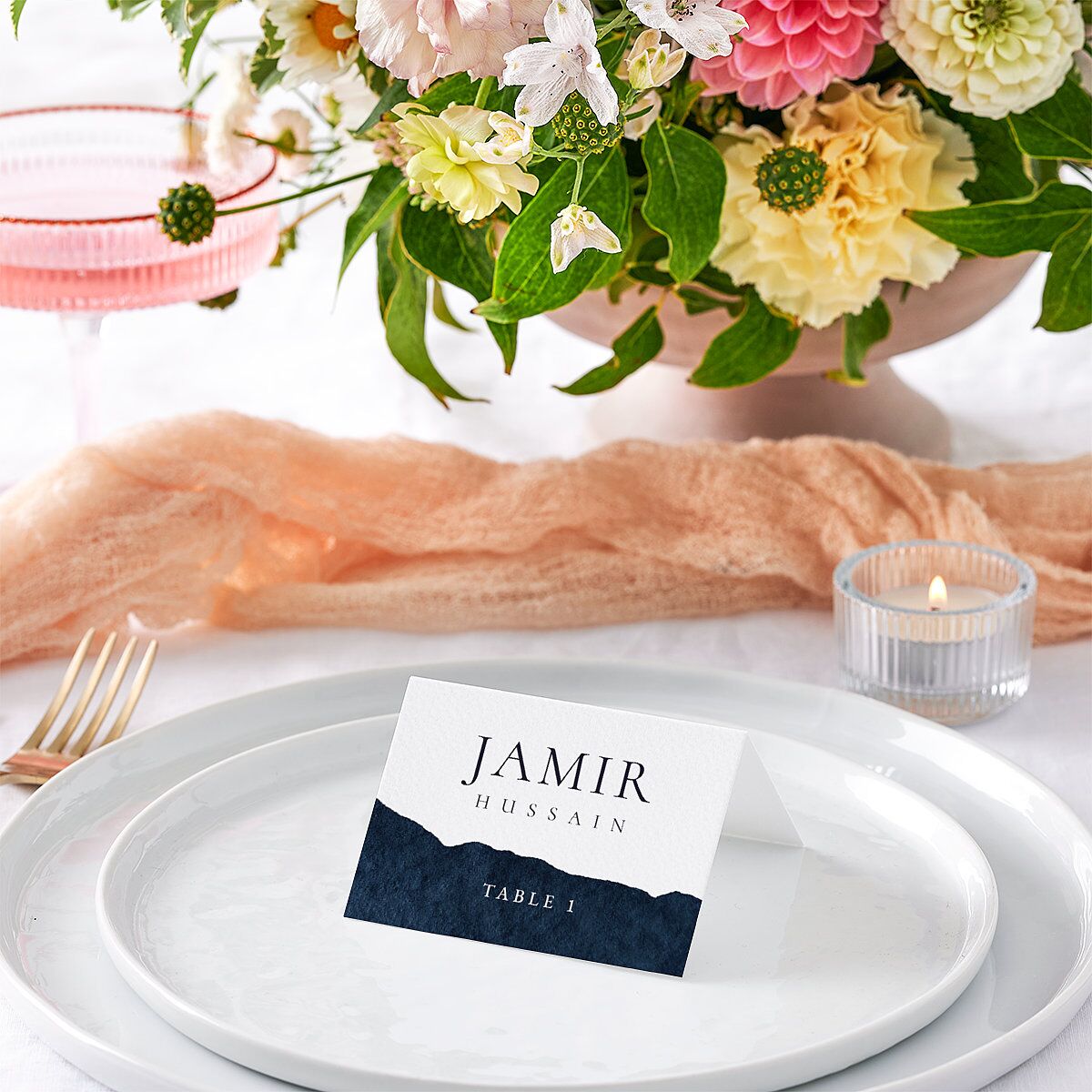 Layered Watercolor Place Cards Navy Signature