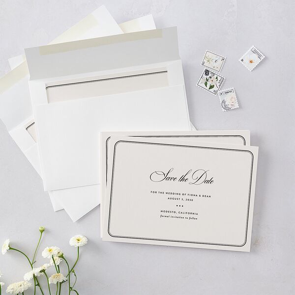 Vintage Retro Border Save the Date Cards Off-White Signature smooth Blank No Standard